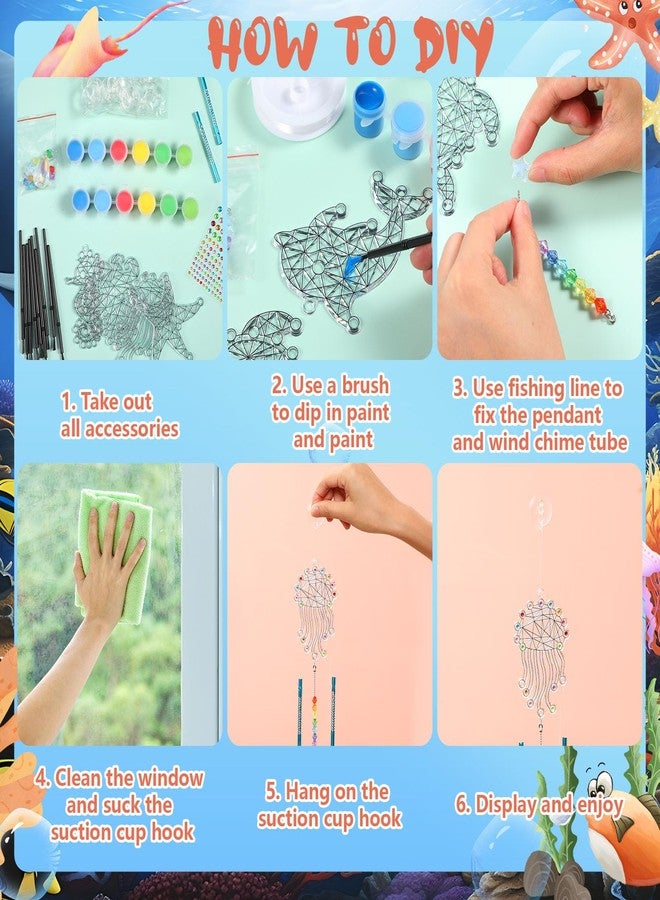 GlikCeil 12 Sets Suncatcher Craft Kits Christmas Wind Chime Decorations Fun Gem Painting Sun Catchers Coloring Suncatcher Art and Crafts for Birthday Home Office DIY Project Gift Favor(Sea) - Image 2